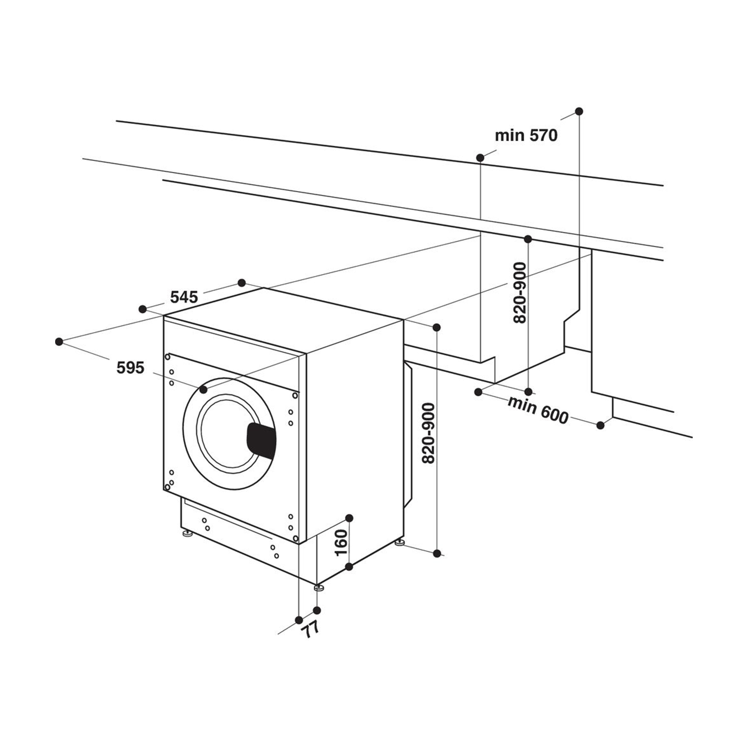 Diagramma di una lavatrice con misure. È bianca e ha una porta nera.