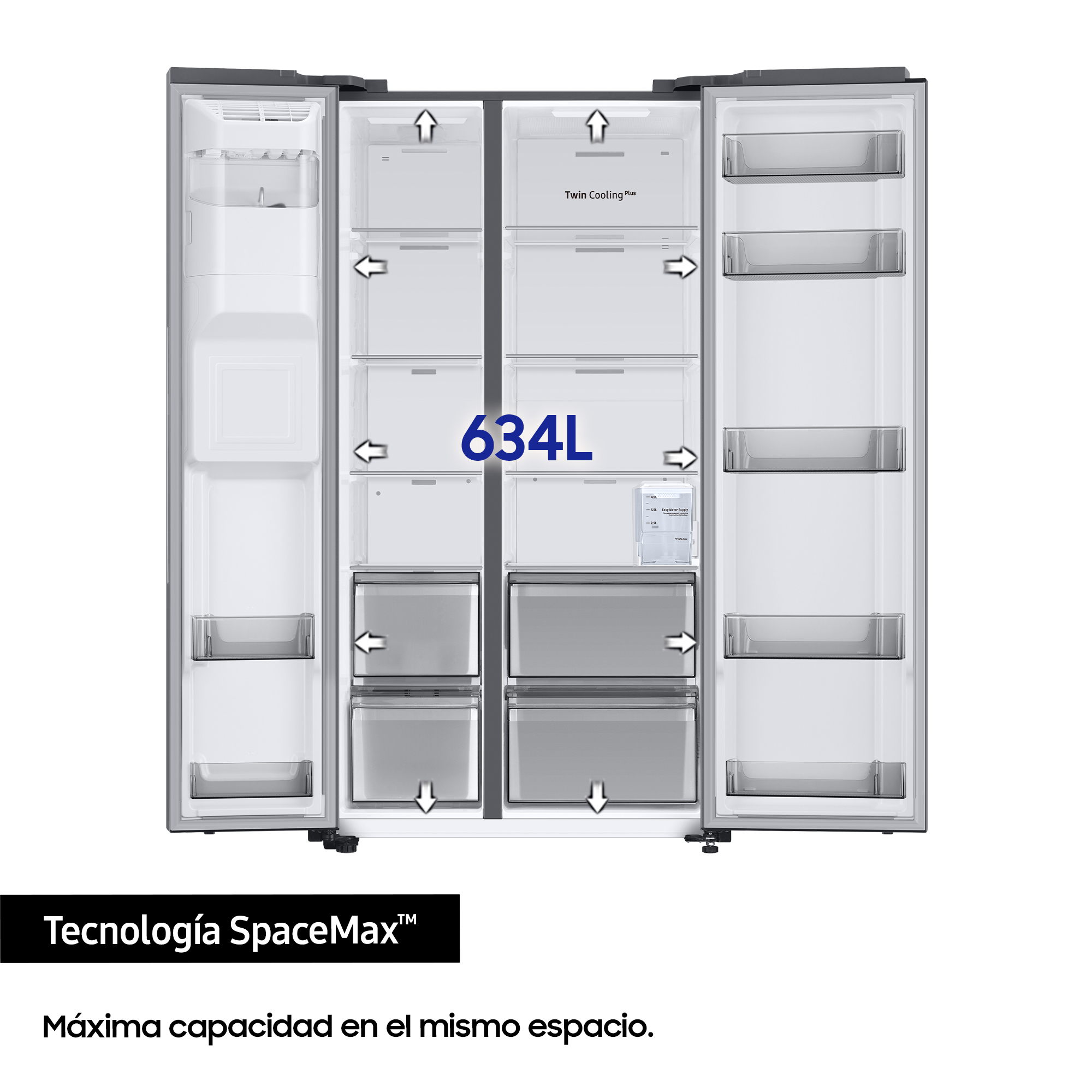 Un refrigerador abierto con muchos compartimentos y cajones, mostrando una gran capacidad.