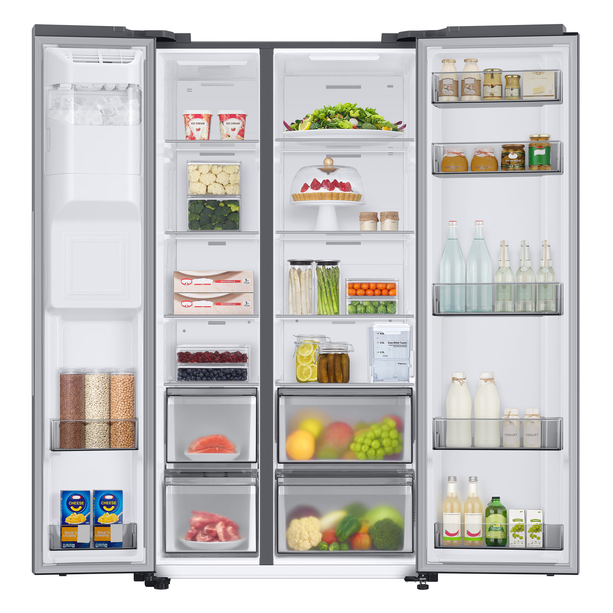 Refrigerador abierto lleno de alimentos, frutas, verduras y bebidas.