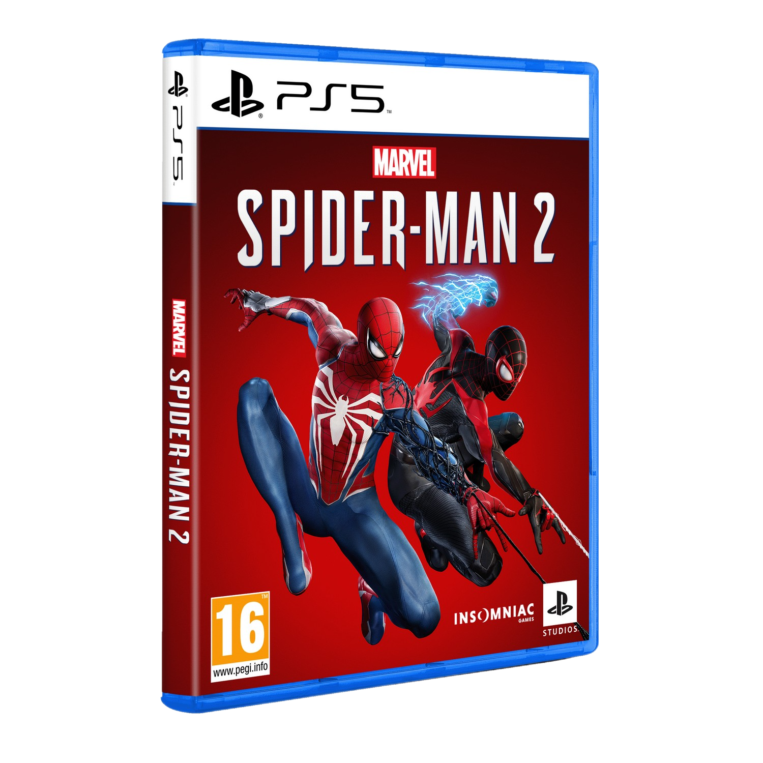 A PS5 game box with the Spider-Man 2 cover art, showing Spider-Man characters.
