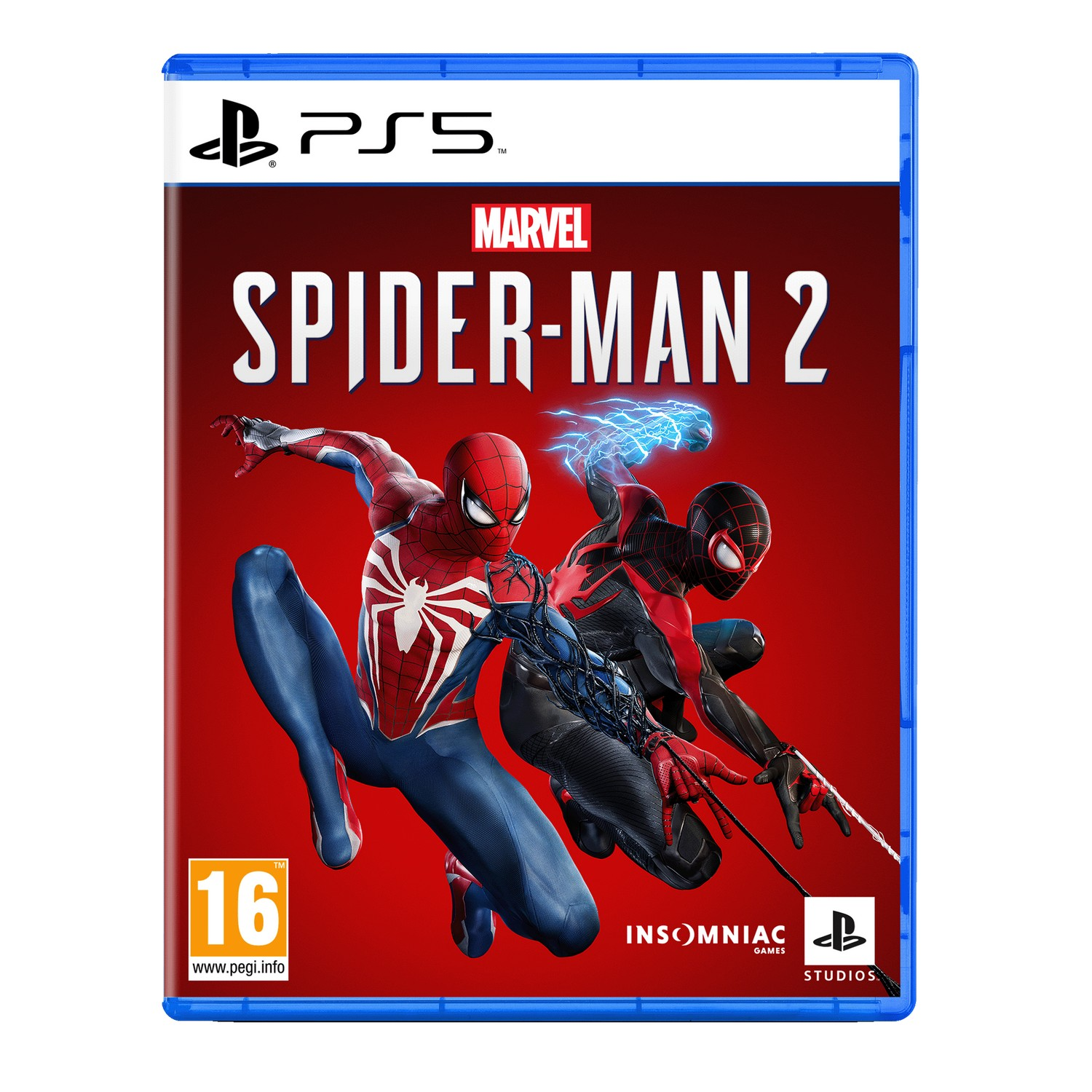 PS5 game cover of Spider-Man 2, featuring Spider-Men in action.