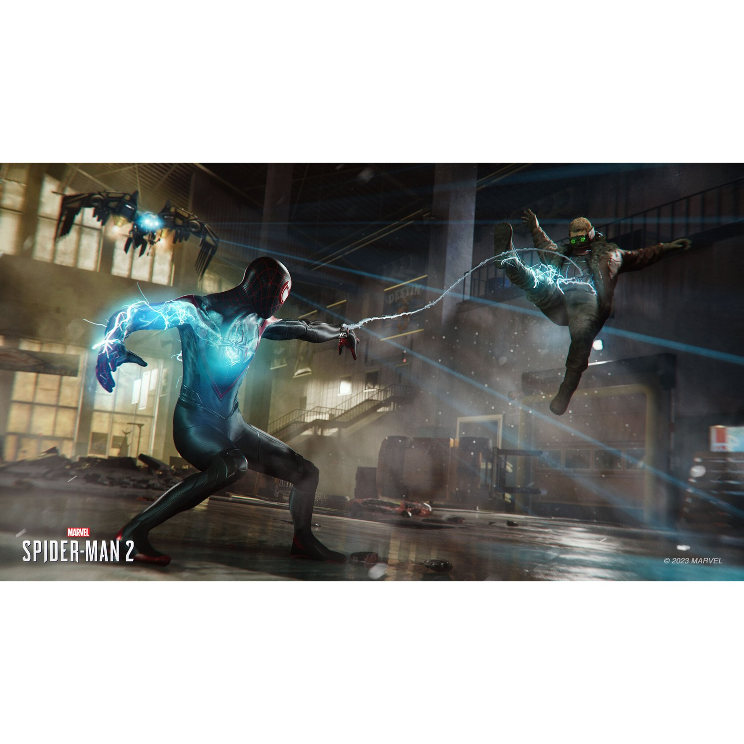 Spider-Man fighting two villains, using blue energy in an action scene.