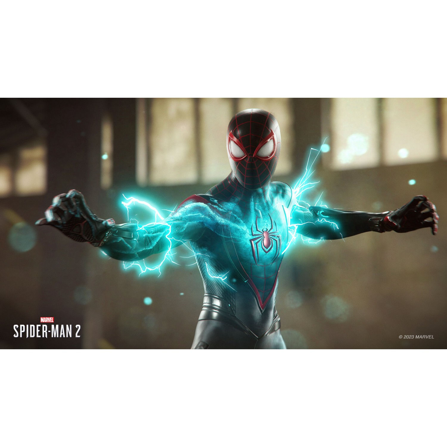 Spider-Man in a suit, with electric effects around him, in a video game scene.