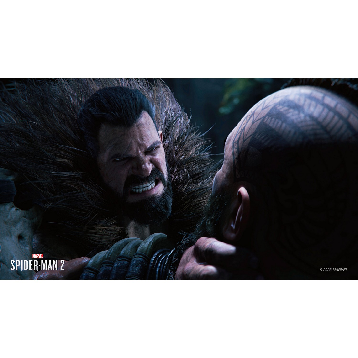 Two men facing each other, one with a beard, the other with tattoos, in a game scene.