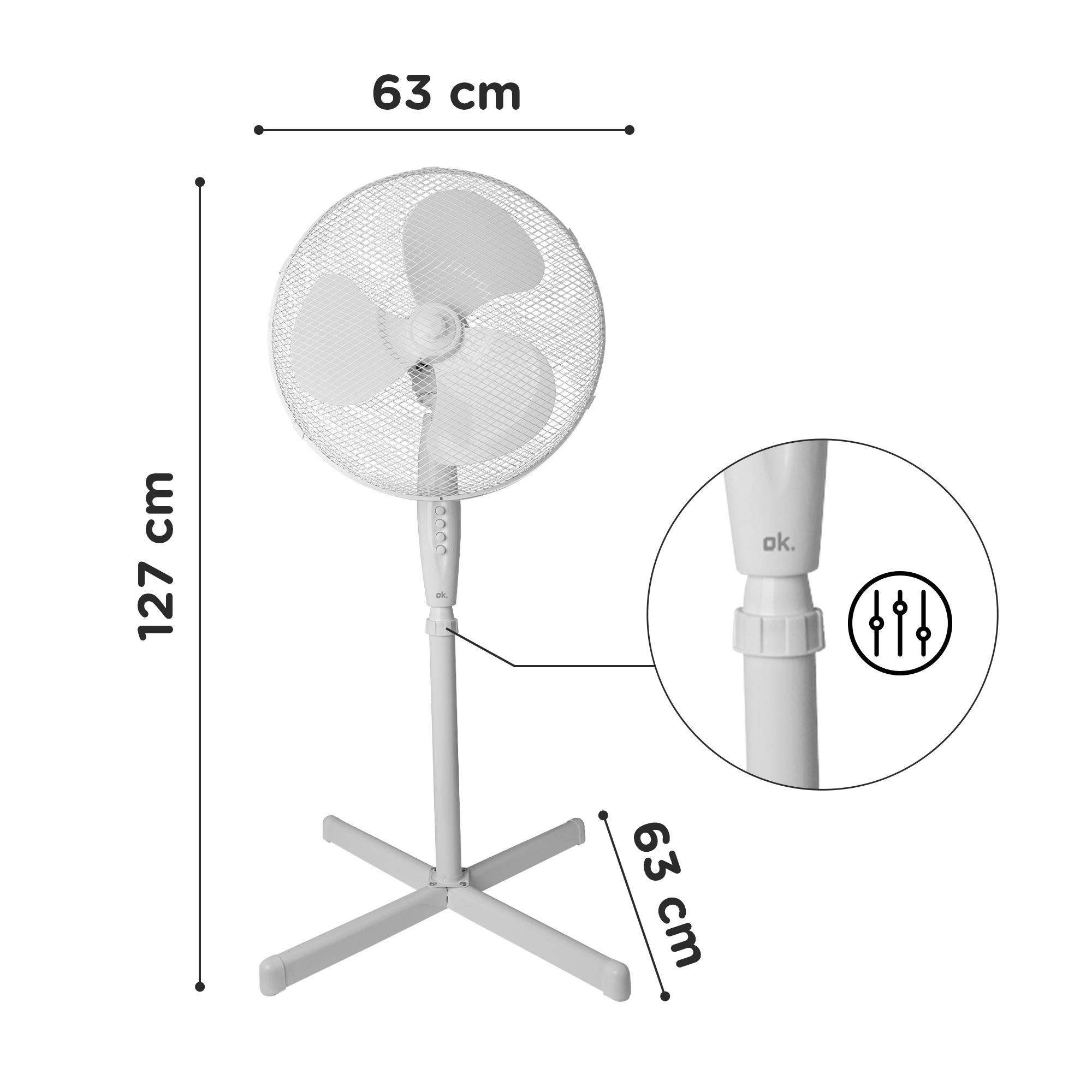 Ein weißer Standventilator mit Maßen und einer Nahaufnahme des Bedienfelds.