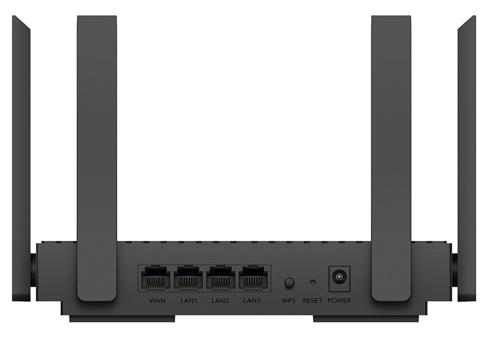 Widok z tyłu czarnego routera z antenami i portami, ustawionymi w linii prostej.