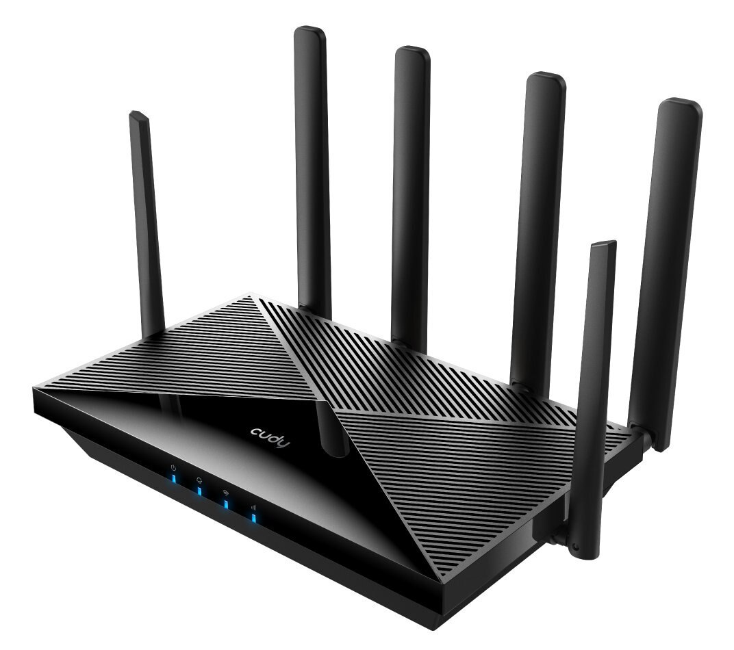 Czarny router z sześcioma antenami na białym tle. Jest to widok z góry o nowoczesnym designie.