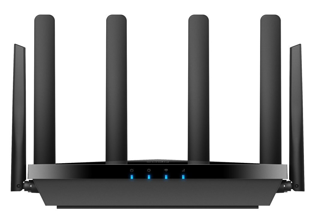 Czarny router Wi-Fi z czterema antenami, niebieskie światła wskazujące status.