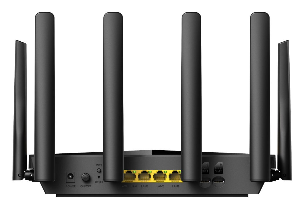 Czarny router z antenami. Widok z tyłu z widocznymi portami i przyciskami.