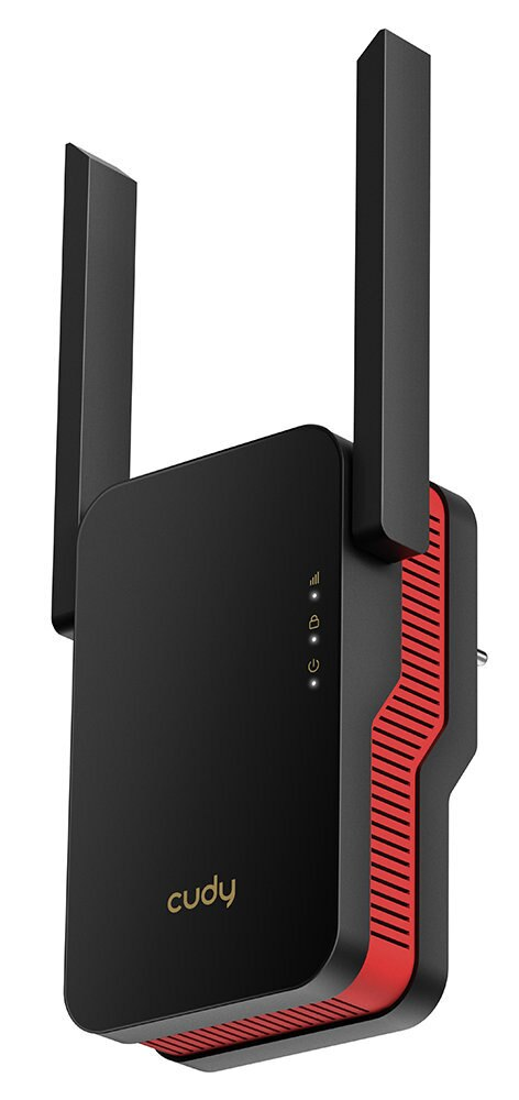 Czarny i czerwony router bezprzewodowy z dwiema antenami, widok z boku.