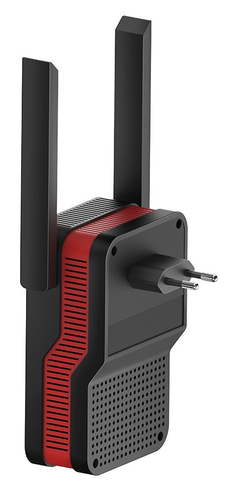 Czarny i czerwony wzmacniacz Wi-Fi z antenami i wtyczką zasilania.