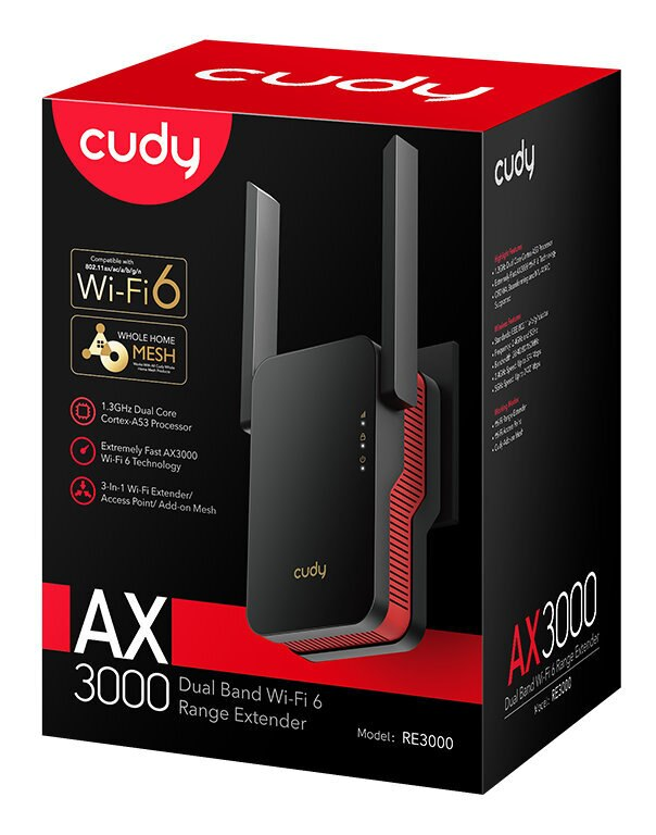 Pudełko przedłużacza zasięgu Wi-Fi 6 Dual Band, z antenami. Schemat kolorów: czerwony i czarny.