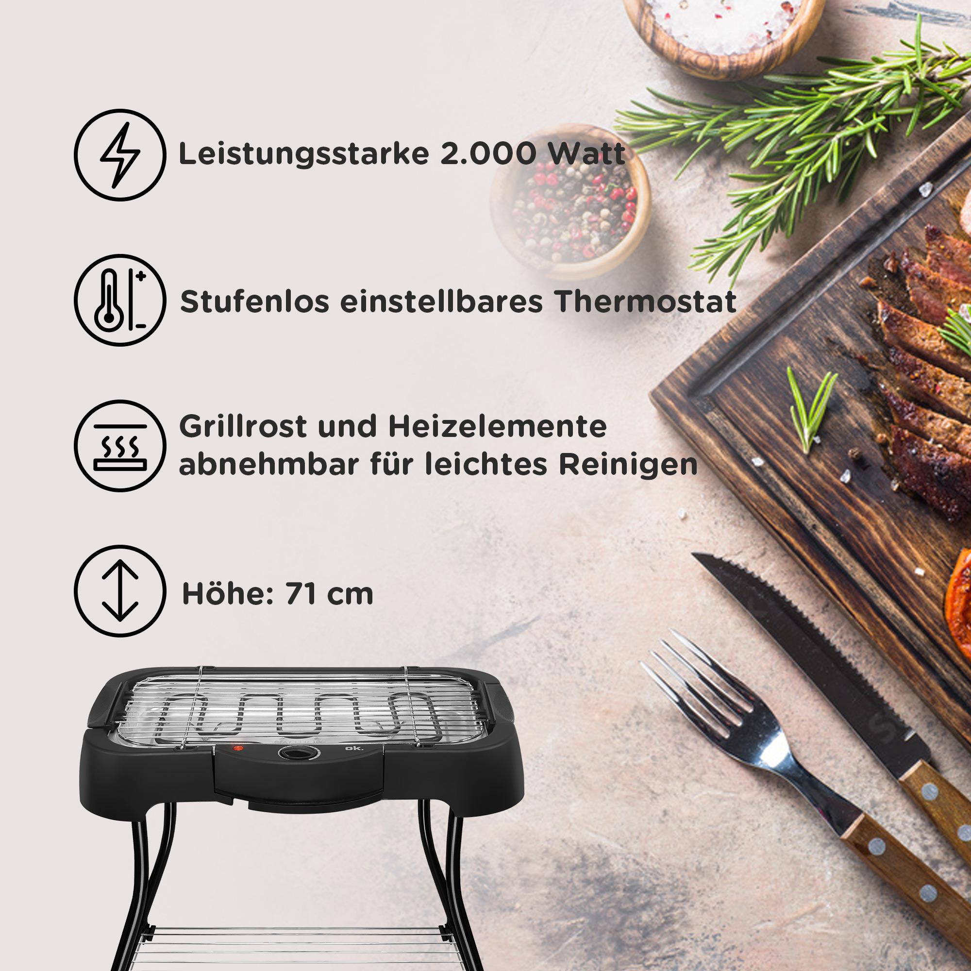 Ein schwarzer Elektrogrill mit Text und Symbolen, die Funktionen beschreiben, auf einem Metallrahmen.
