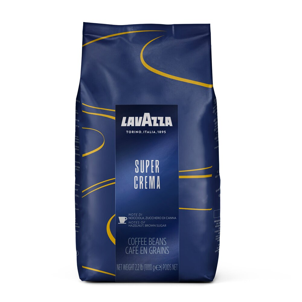 Worek z ziarnami kawy Lavazza Super Crema z tekstem i ilustracją filiżanki kawy.