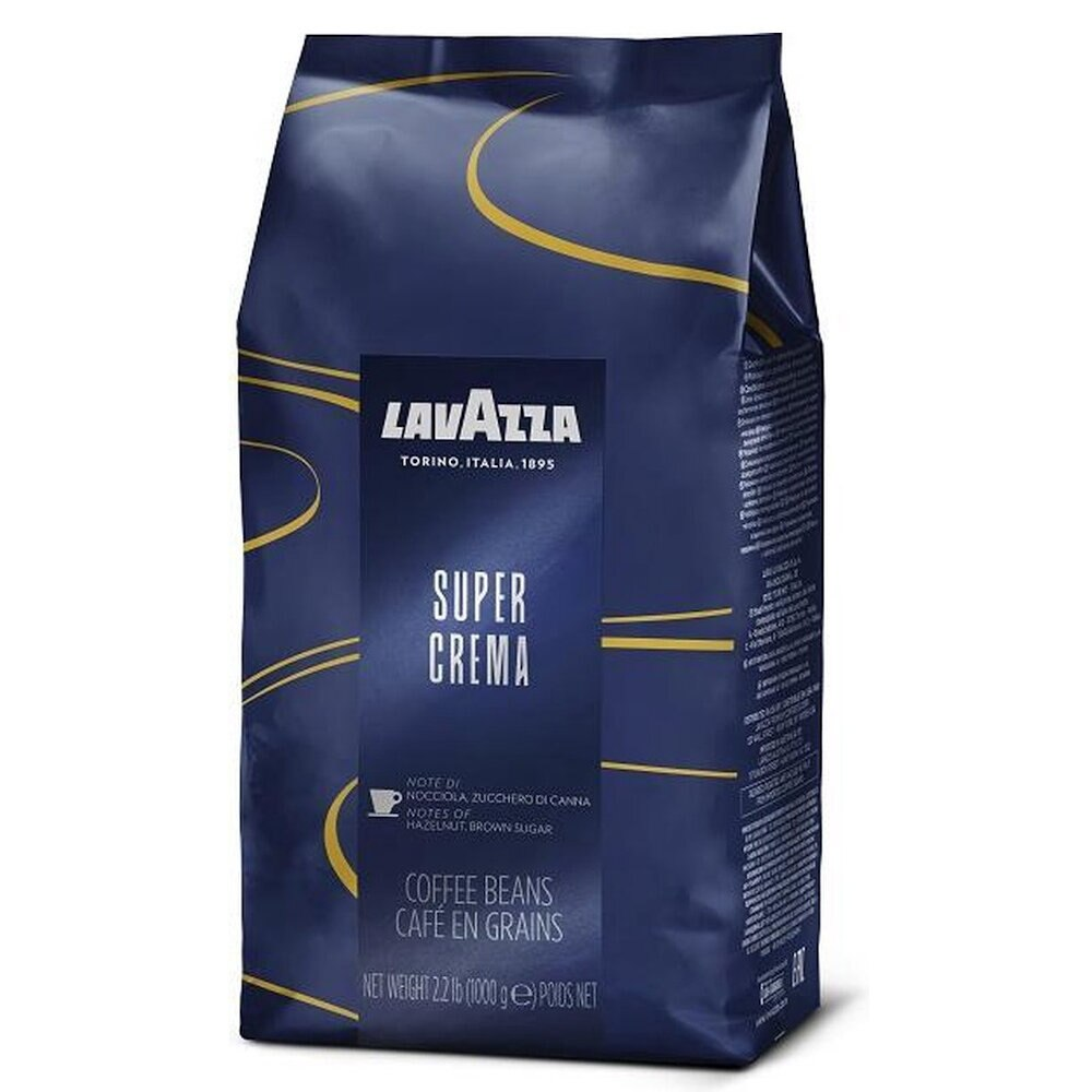 Torba z ziarnami kawy Lavazza Super Crema, granatowa, biały tekst.