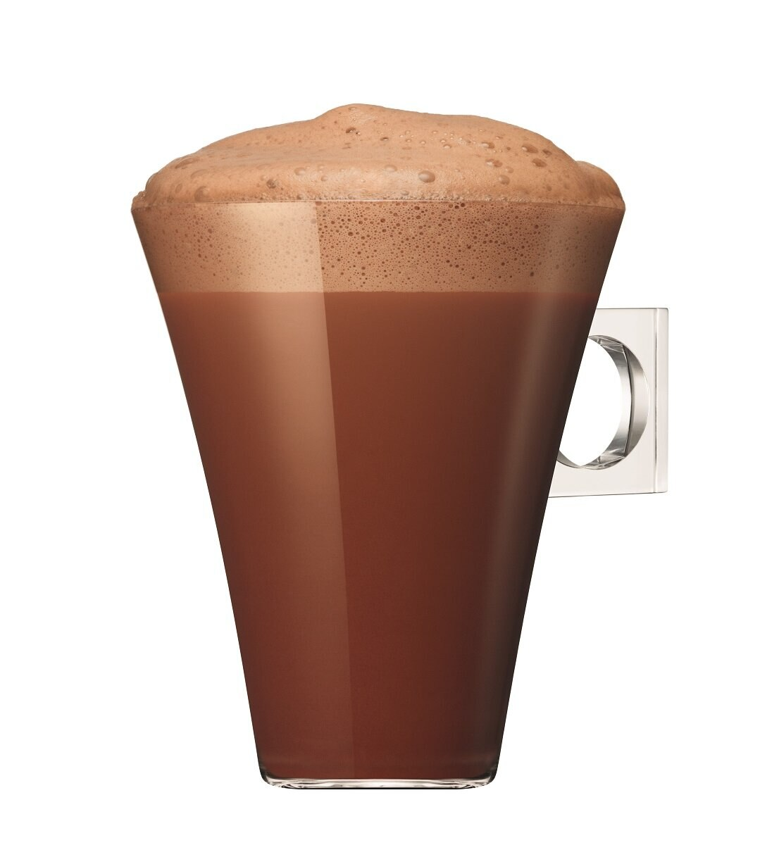 Wysoka szklanka napoju czekoladowego z pianką na wierzchu i srebrnym uchwytem z boku.