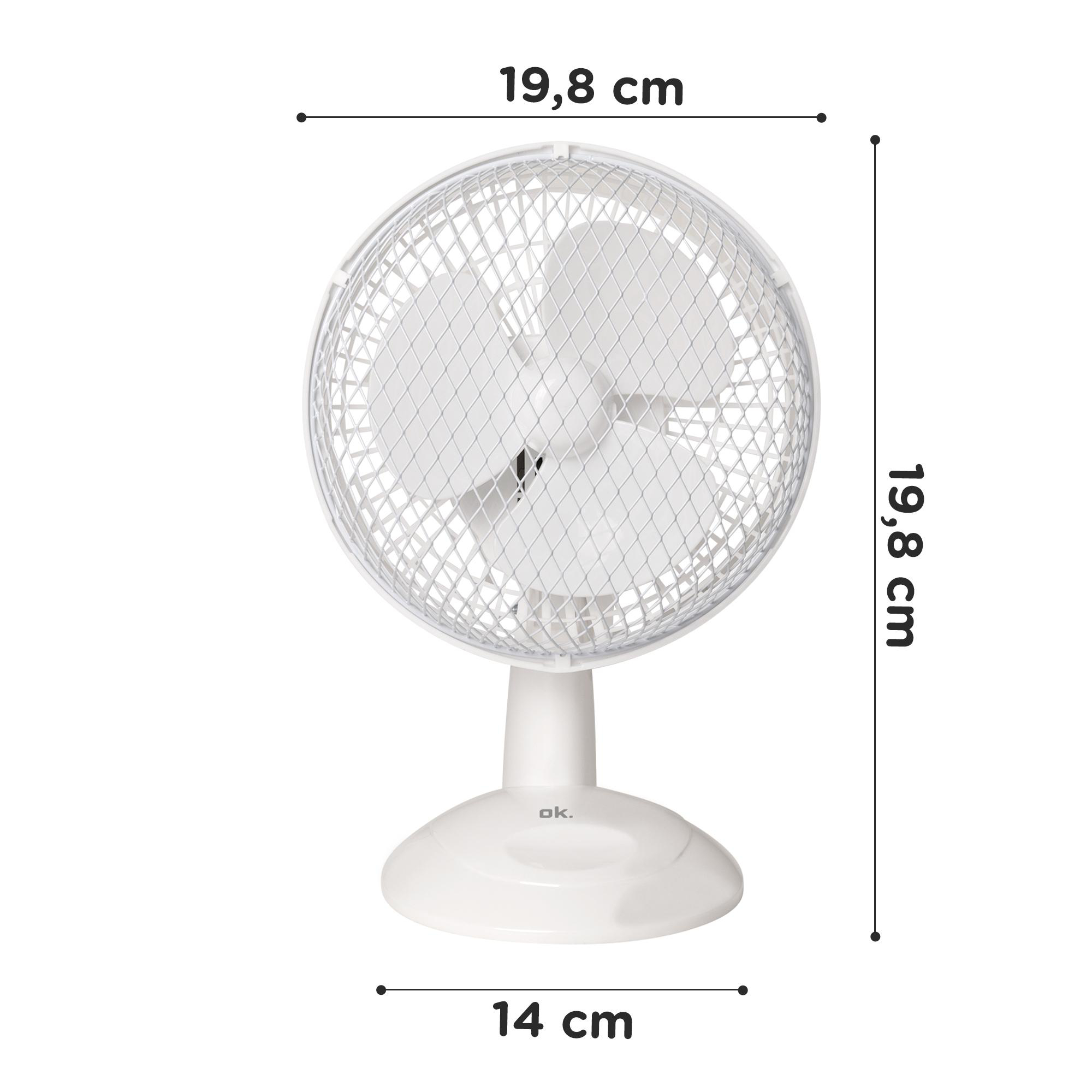 Ein weißer Schreibtischventilator mit drei Flügeln, Abmessungen werden mit Maßen angegeben, 19,8 cm x 14 cm.