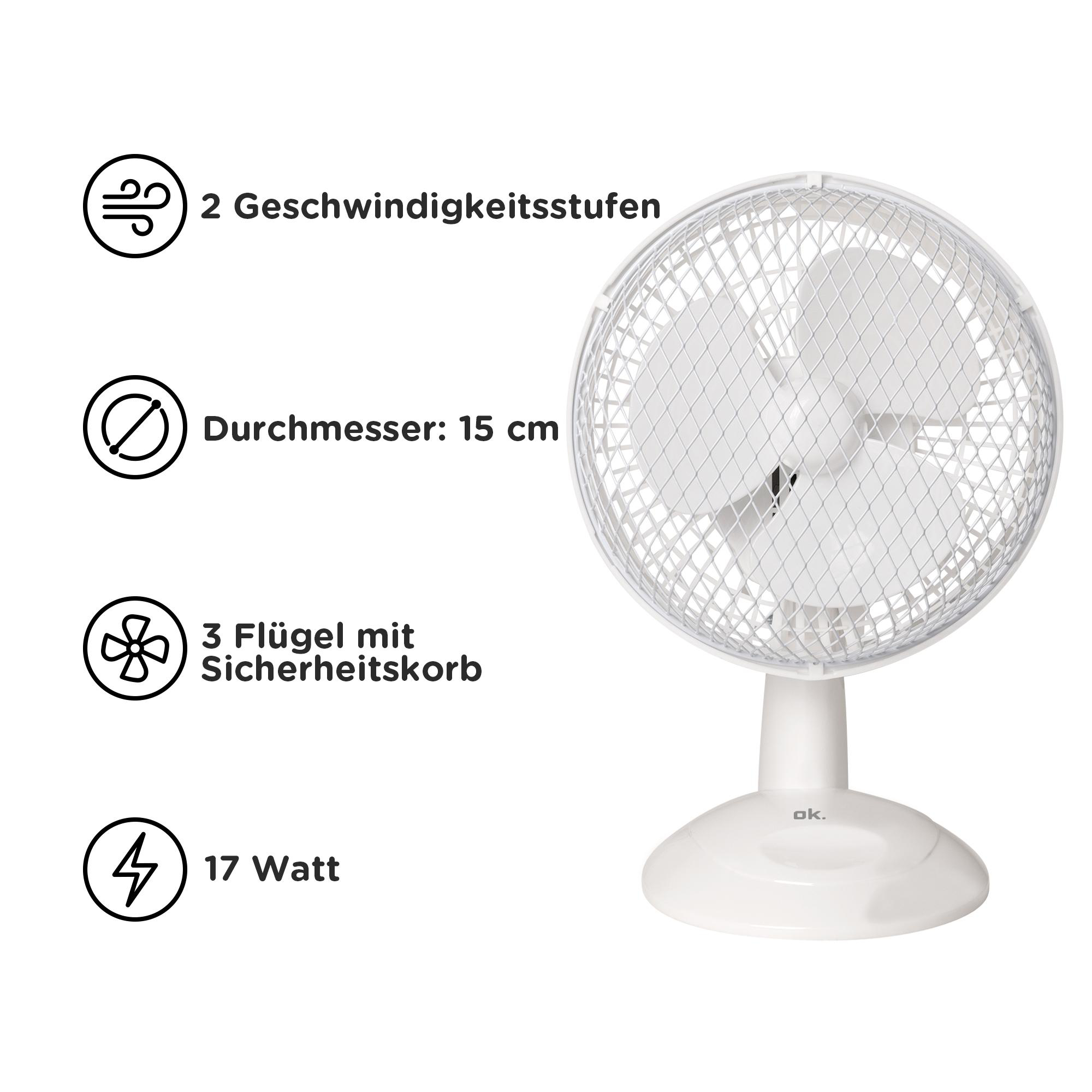 Weißer Tischventilator mit 3 Flügeln, Schutzgitter und 17 Watt.