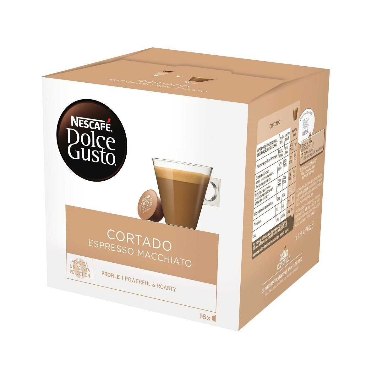 Pudełko Nescafé Dolce Gusto Cortado. Zawiera filiżankę Cortado i kapsułki do kawy.