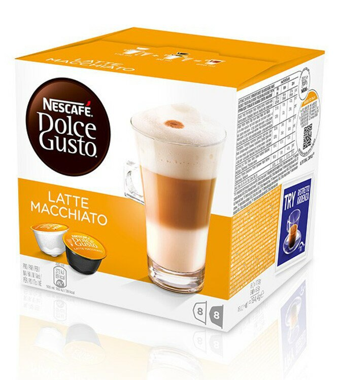 Pudełko Nescafe Dolce Gusto Latte Macchiato z kapsułkami i szklanką.
