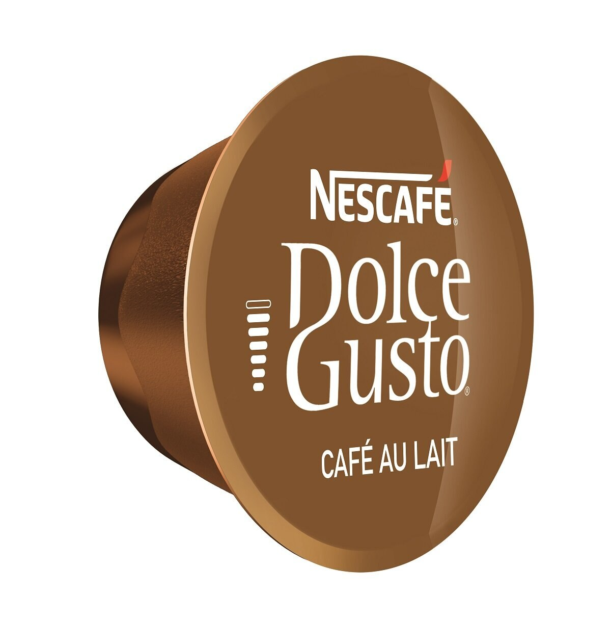 Brązowa kapsułka do kawy Dolce Gusto z etykietą 'CAFÉ AU LAIT'.