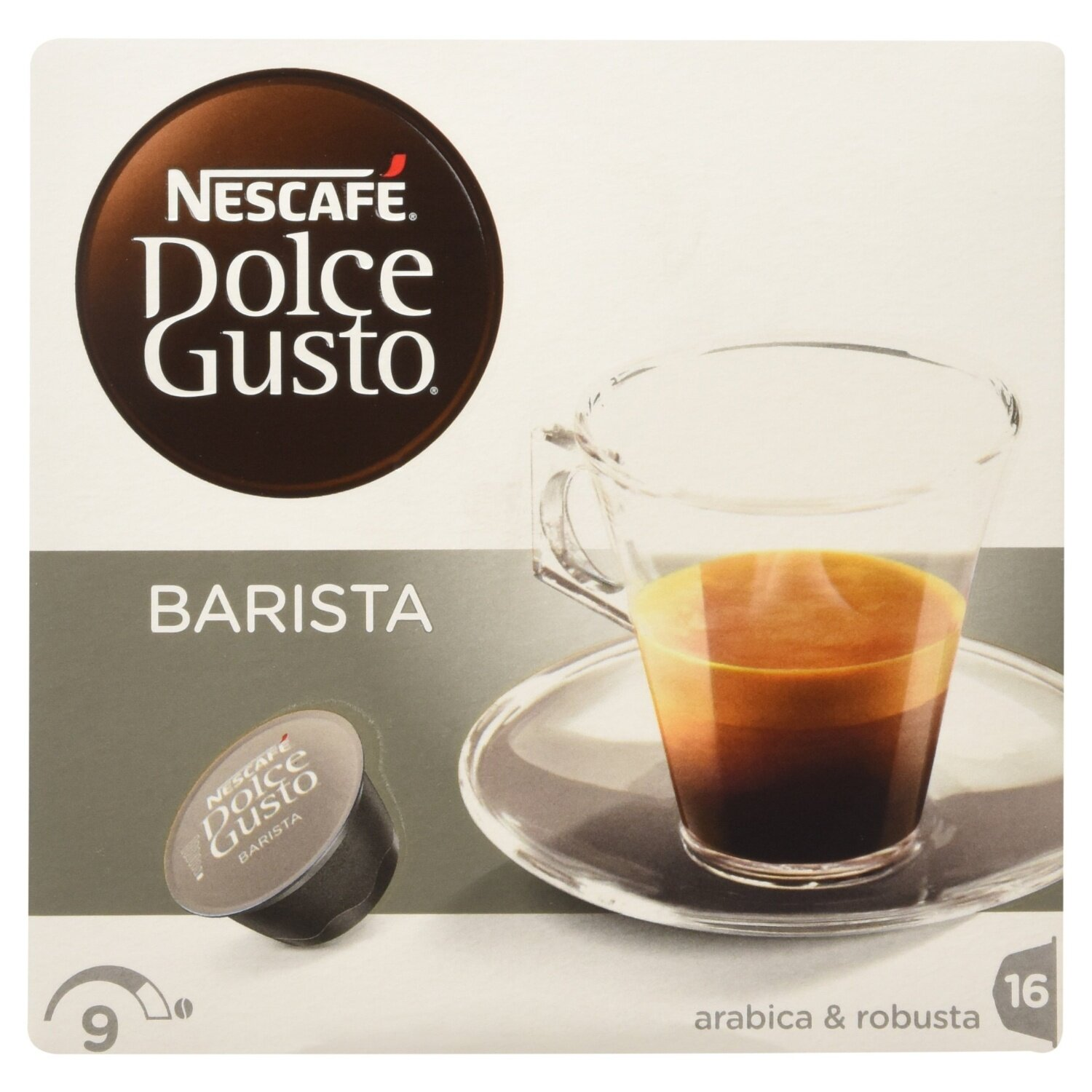Pudełko kapsułek do kawy Nescafe Dolce Gusto, filiżanka kawy i kapsułka na szarym tle.