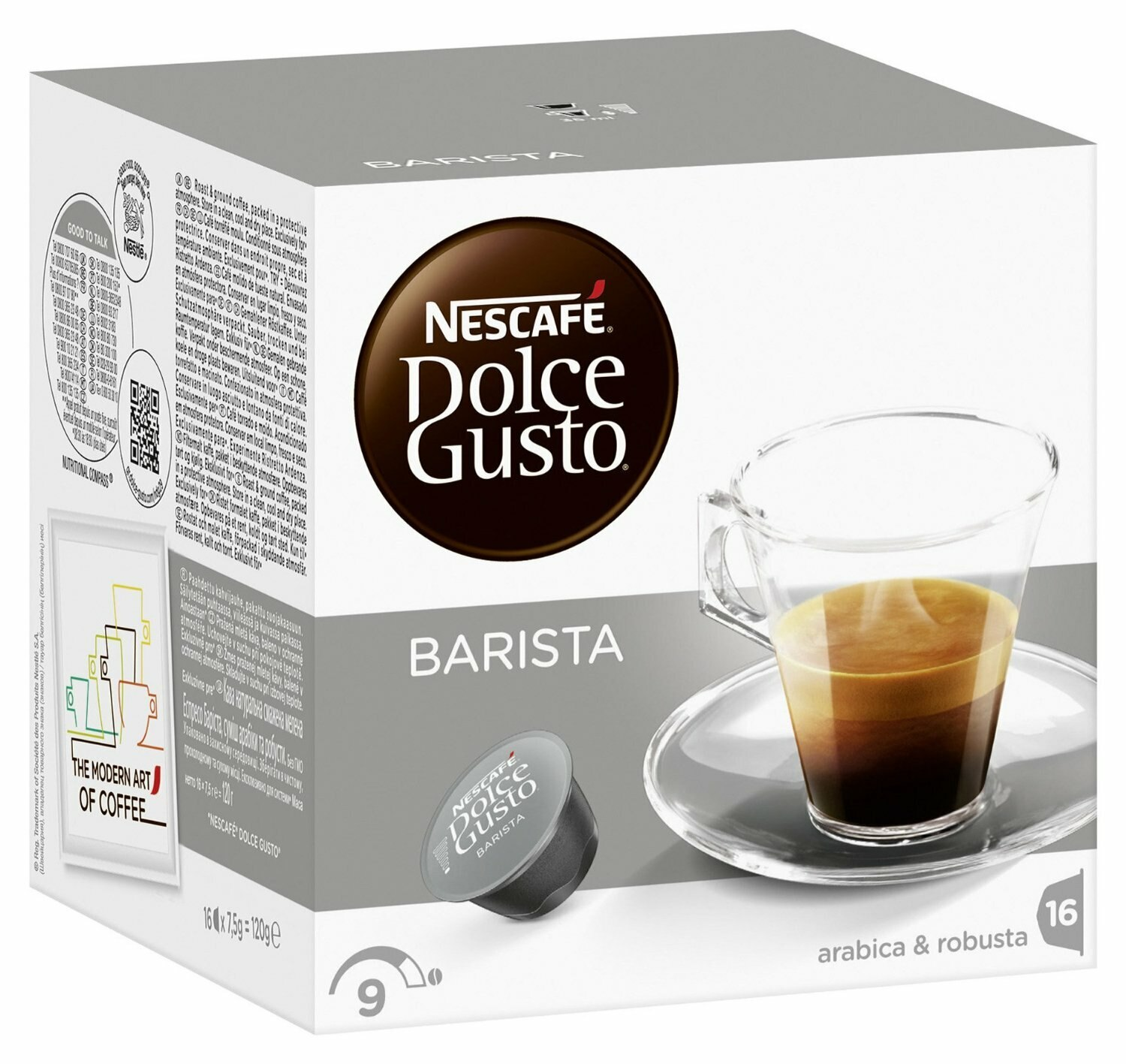 Pudełko kapsułek do kawy Nescafé Dolce Gusto, z filiżanką kawy na spodku.