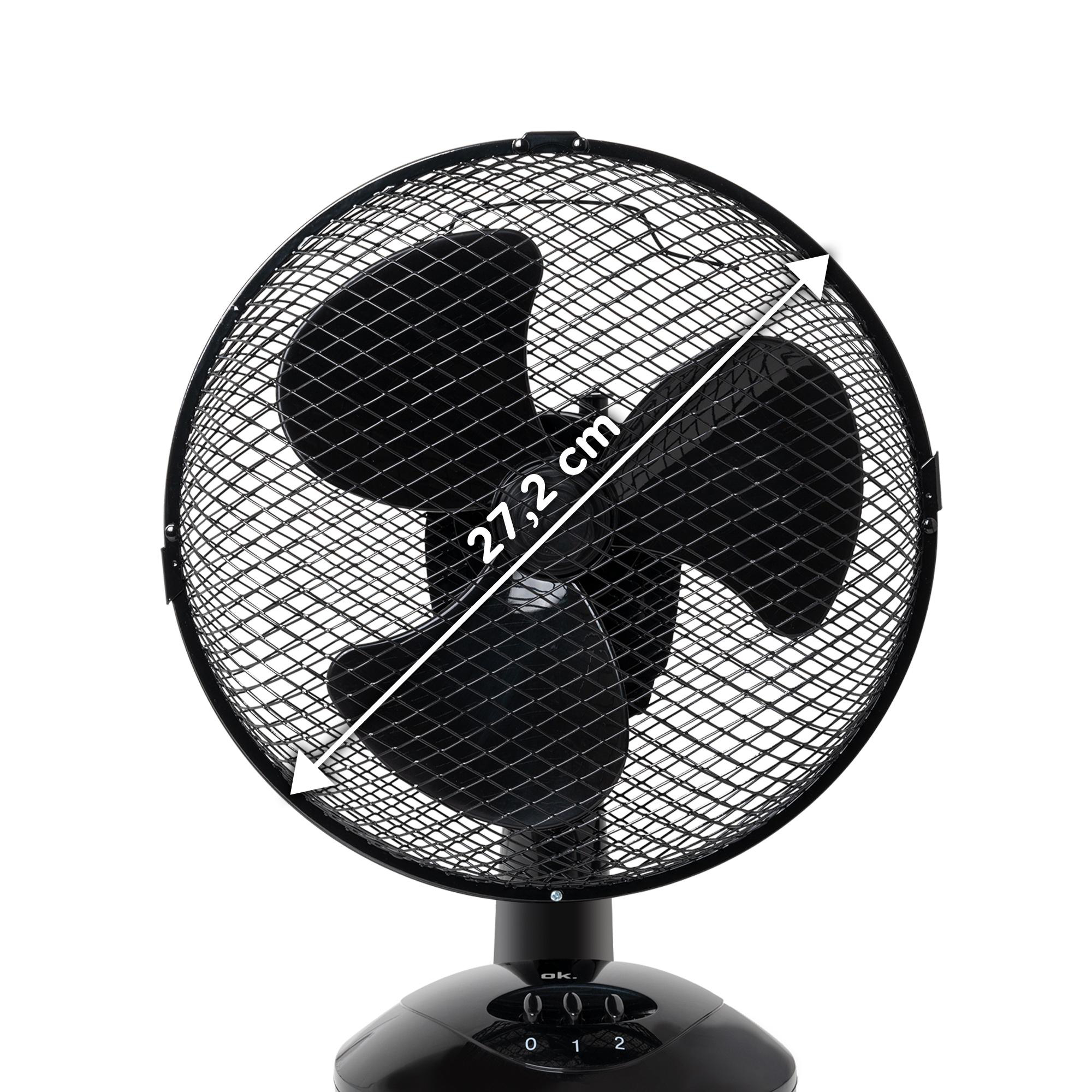 Schwarzer Tischventilator mit Gitter, misst 27,2 cm, mit schwarzem Sockel und Knöpfen.