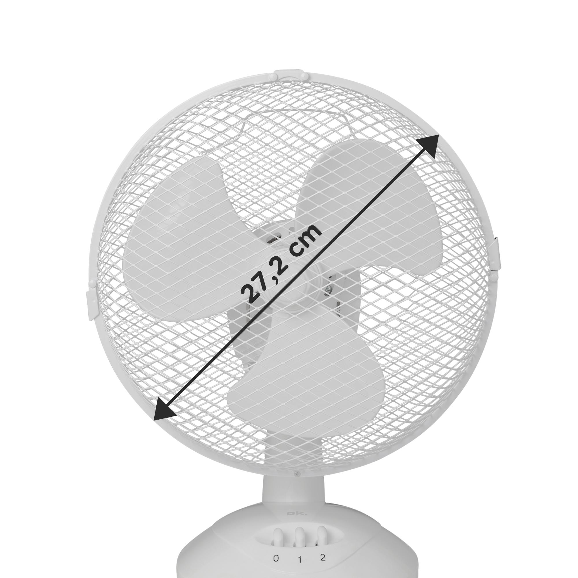 Weißer Tischventilator mit einem Messpfeil, der einen Durchmesser von 27,2 cm anzeigt.