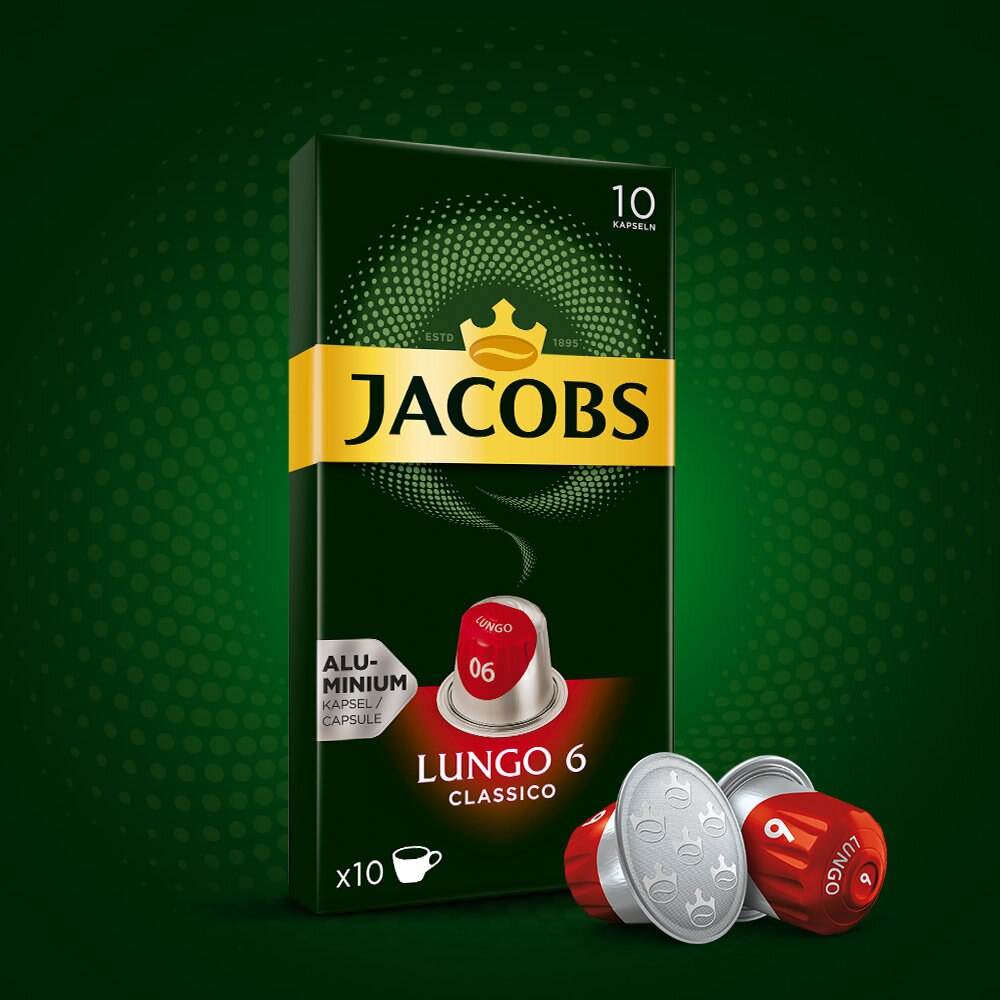 Zielone pudełko kapsułek do kawy Jacobs Lungo 6 Classico, z rozrzuconymi kapsułkami.