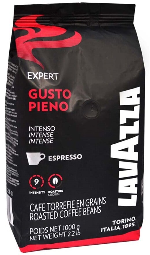Czarna torebka z kawą z czerwonym napisem 'Gusto Pieno' i logo 'Lavazza', ikona białego kubka.