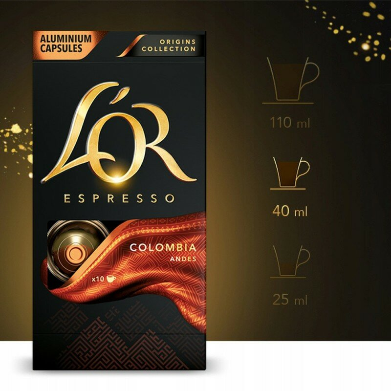 Pudełko kawy z 'L'OR Espresso' i kapsułkami, 'Colombia Andes'. Pokazuje rozmiary filiżanek: 110ml, 40ml i 25ml.