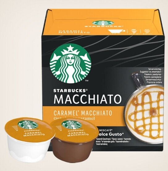 Kapsułki do kawy Starbucks Caramel Macchiato z pudełkiem.