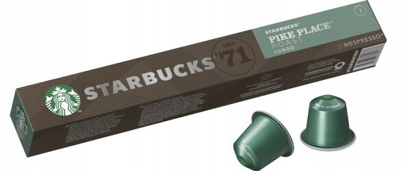 Kapsułki do kawy Starbucks Pike Place Roast Lungo w zielonym pudełku, z dwiema kapsułkami.