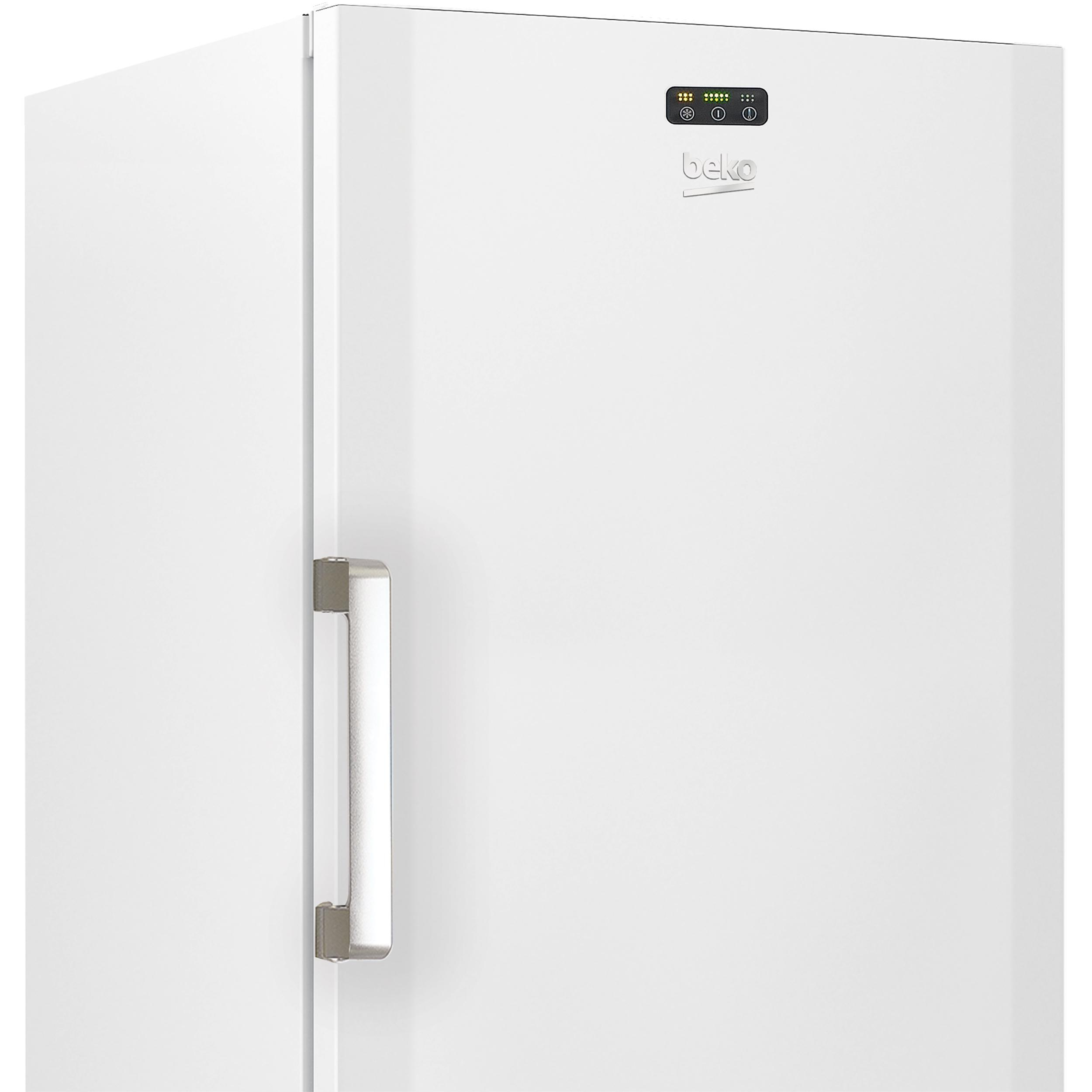 Ein weißer Beko-Gefrierschrank mit Griff und Bedienfeld.