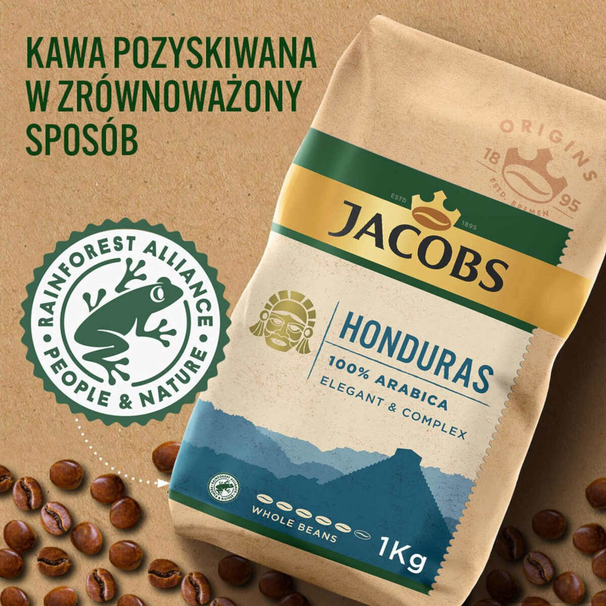 Torba kawy Jacobs Honduras. Logo Rainforest Alliance na torbie z rozrzuconymi ziarnami kawy.