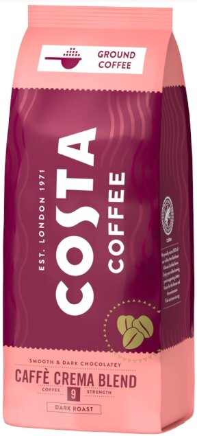 Torebka kawy mielonej Costa Coffee Caffe Crema Blend. Różowo-bordowy design z ziarnami kawy.