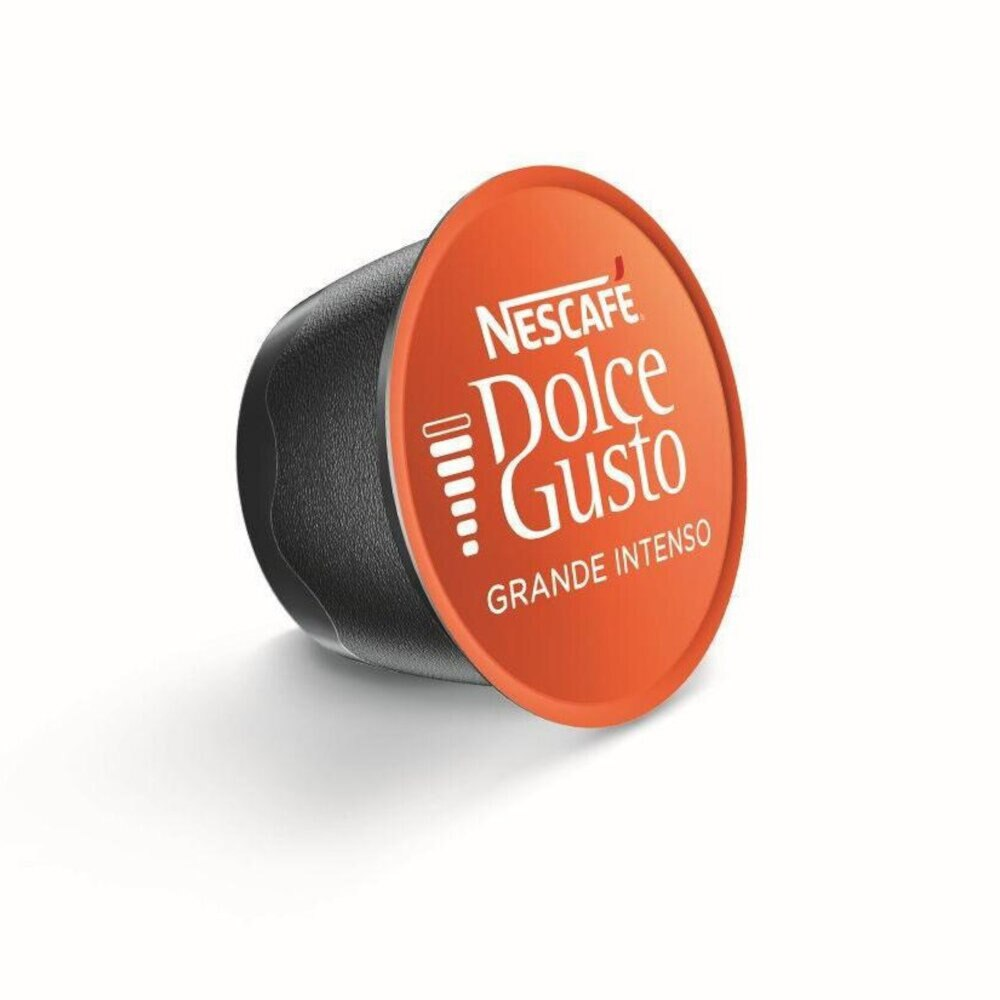 Kapsułka do kawy z pomarańczową górą i czarną podstawą. Nazwa marki jest wyświetlana na biało.