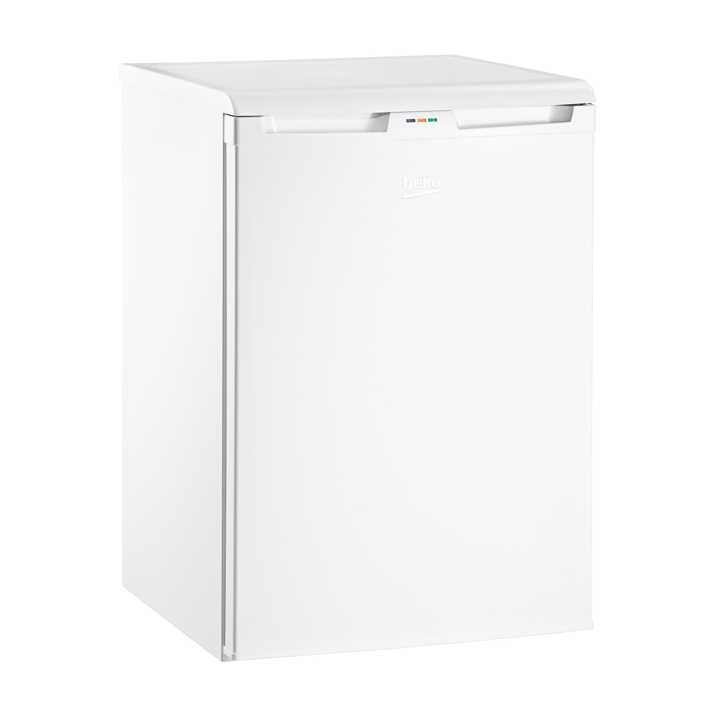 Ein weißer Beko-Kühlschrank mit Griff und farbigen Anzeigen.