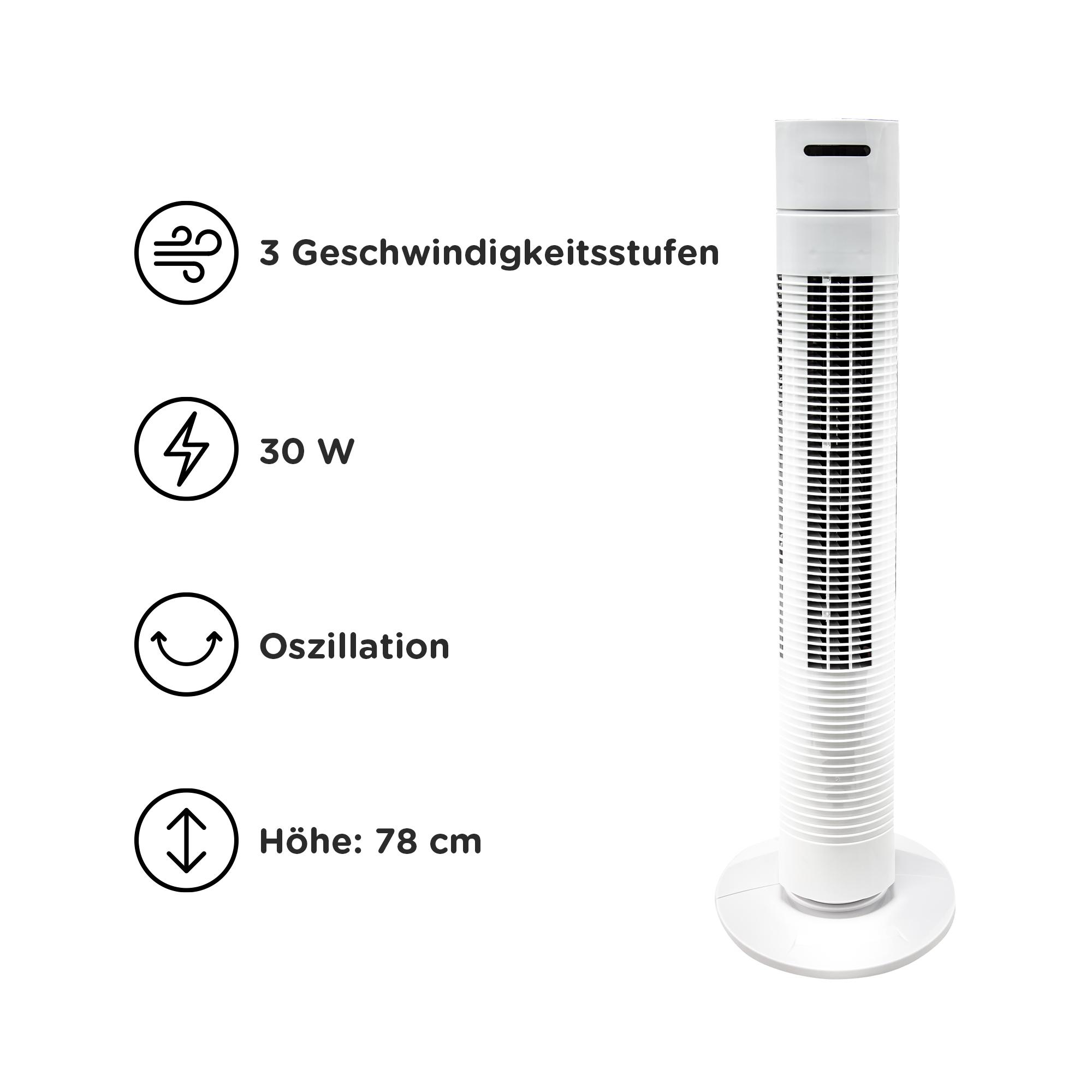 Ein weißer, hoher Ventilator mit Beschreibungen: 3 Geschwindigkeitsstufen, 30 W, Oszillation, Höhe 78 cm.
