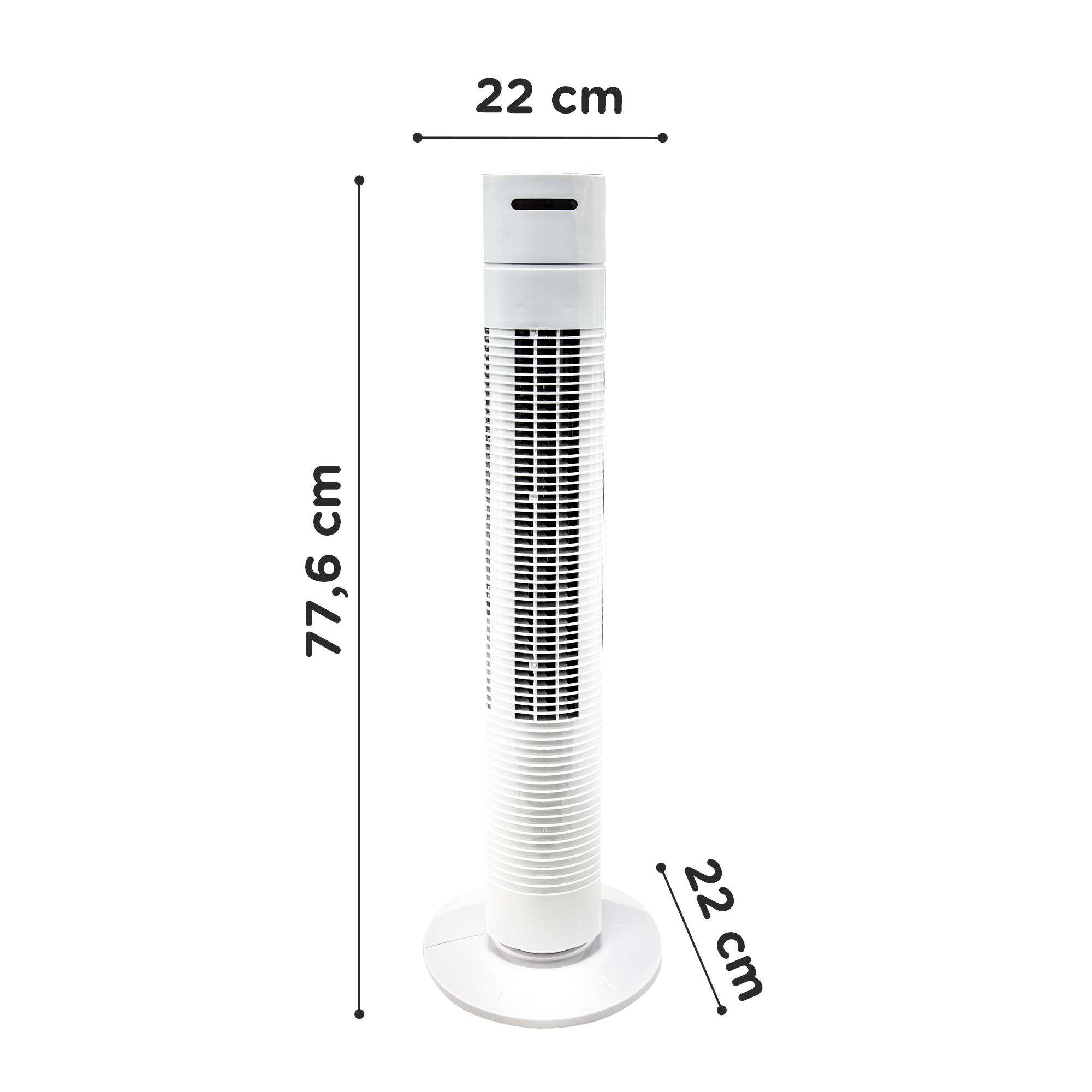 Ein weißer Turmventilator mit Maßangaben in Zentimetern vor weißem Hintergrund.