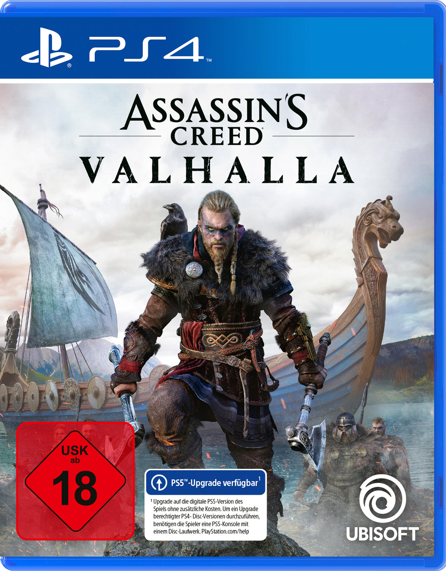 PS4-Spielhülle: 'Assassin's Creed Valhalla'. Mann hält Äxte. Blaue Hülle, weißer Hintergrund.