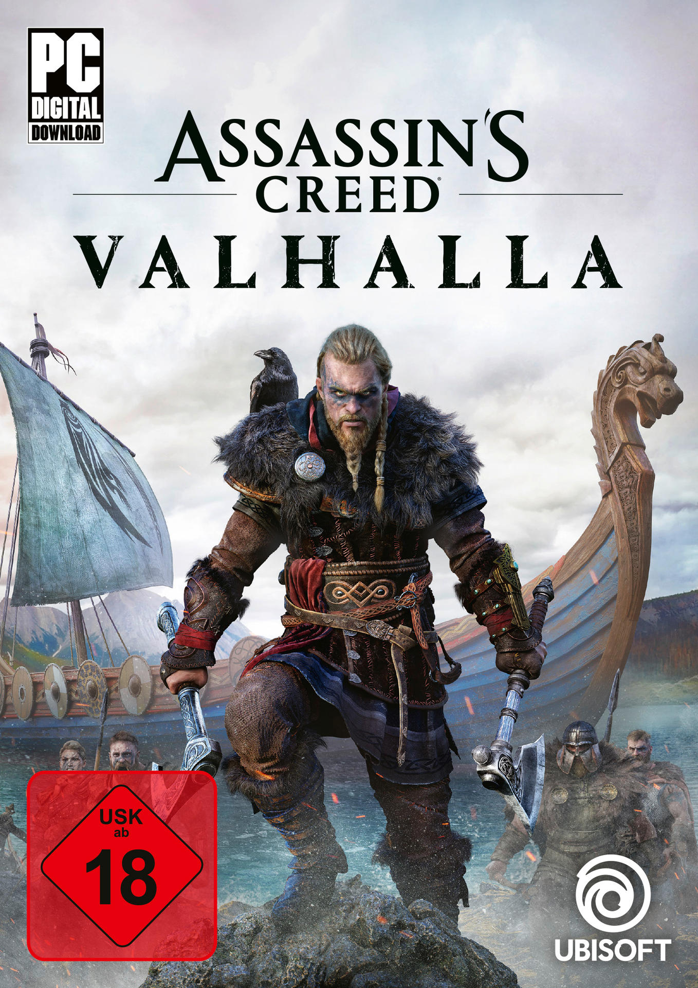 Assassin's Creed Valhalla-Spielcover. Ein Wikinger mit Waffen steht vor einem Langschiff.
