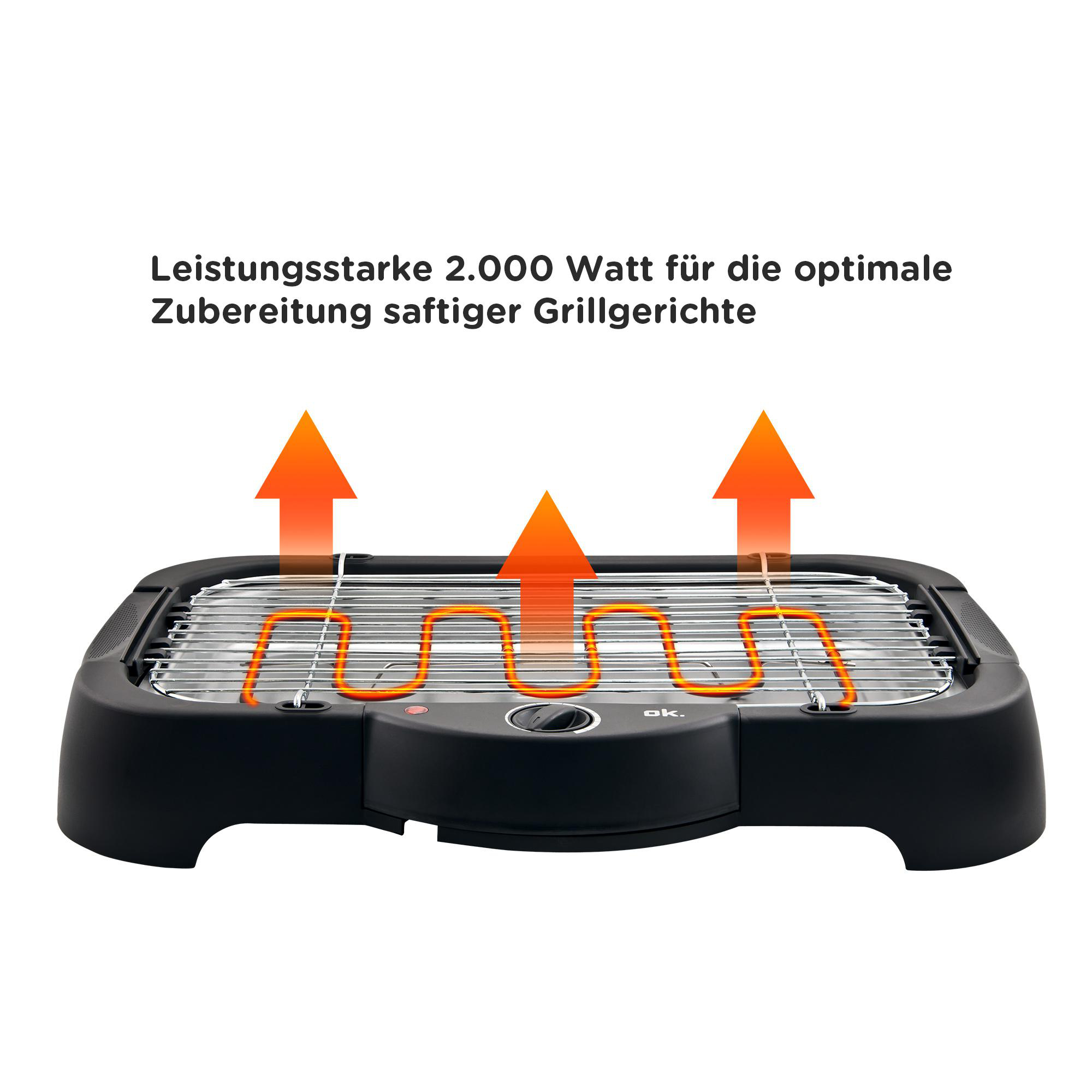 Schwarzer Elektrogrill mit orangen Heizelementen. Text: 2000 Watt für optimales Grillen.