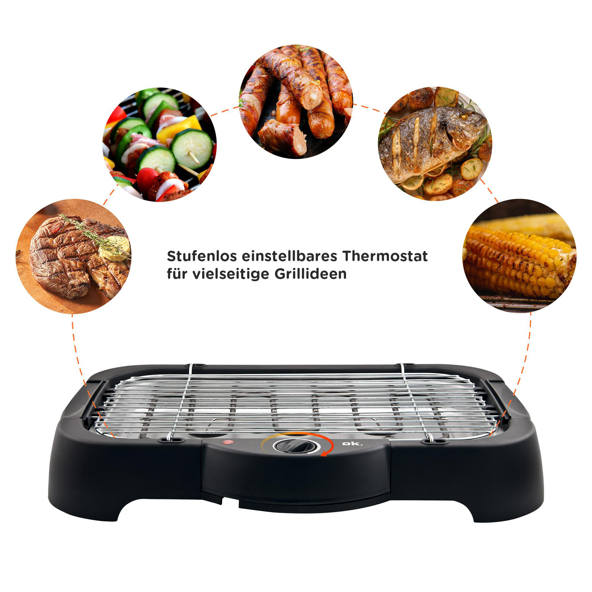 Schwarzer Elektrogrill mit verschiedenen gekochten Speisen, u.a. Spieße, Würstchen und Mais.