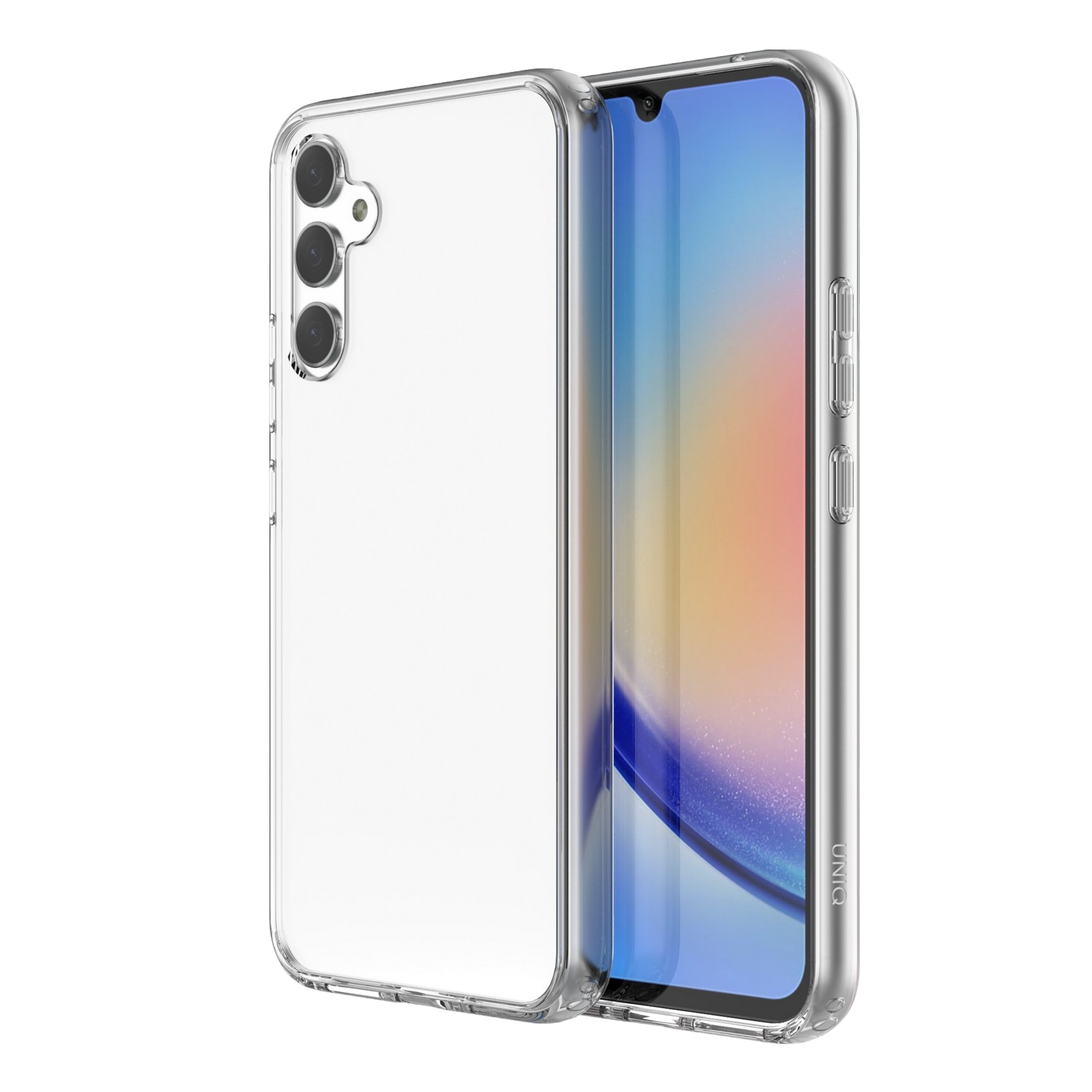Une coque de téléphone transparente et un smartphone avec écran. Le téléphone est incliné, montrant son écran.