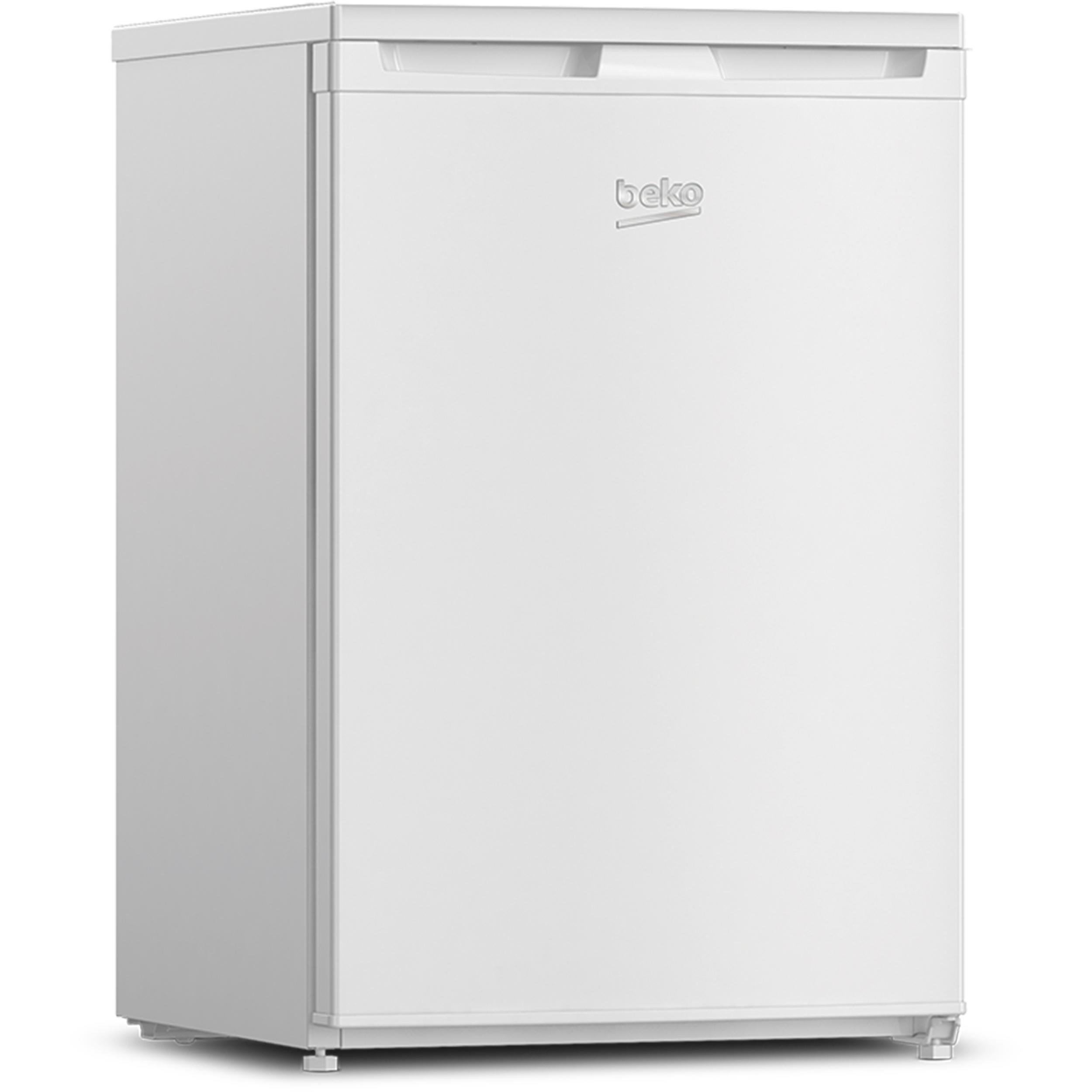 Ein kleiner, weißer Beko-Kühlschrank. Er hat ein schlichtes Design mit einer einzigen Tür.
