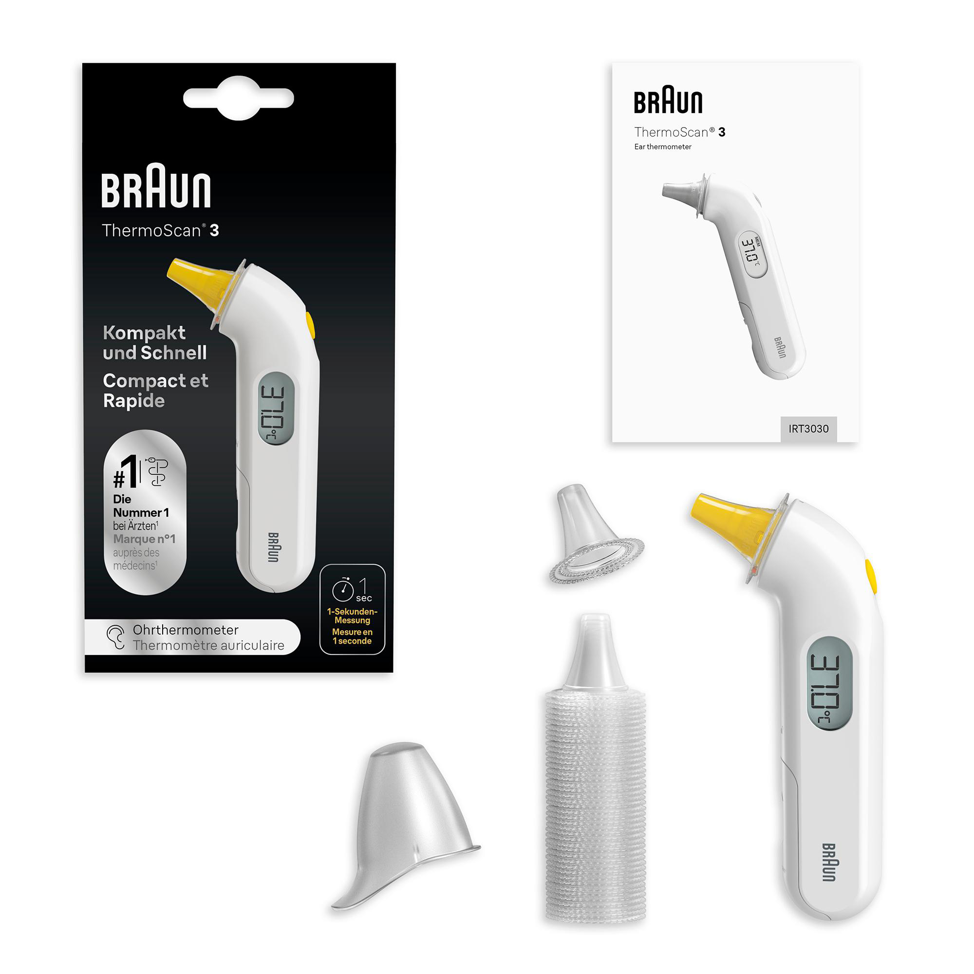 Weißes und gelbes Braun-Thermometer und Zubehör, mit Verpackung im Hintergrund.