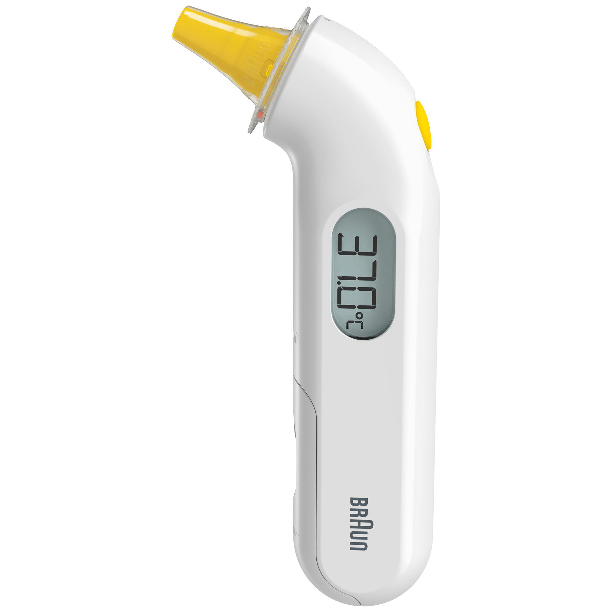 Weißes und gelbes Braun-Ohrthermometer mit digitaler Anzeige, die 37,0 °C anzeigt.
