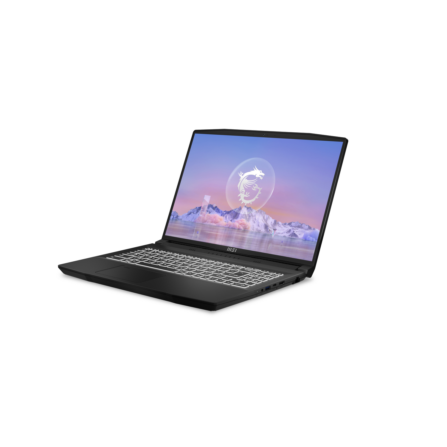 Portátil negro con teclado blanco, sobre superficie blanca. La pantalla muestra un logo.
